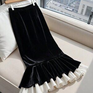 Black Elegant Women's Colorblock Mermaid Hem Midi Skirt